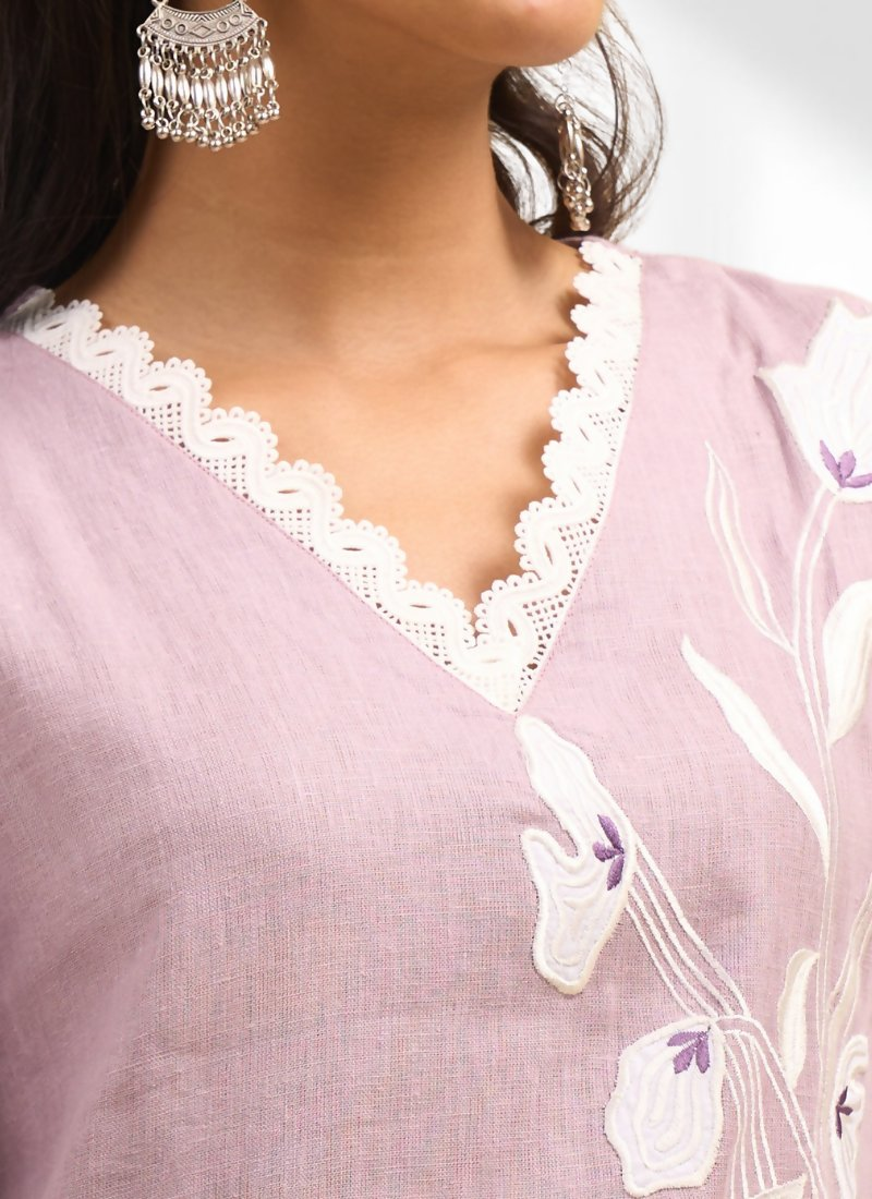 Joban Fashion Pink Linen Embroidered Readymade Long Kurta With Pant - Distacart