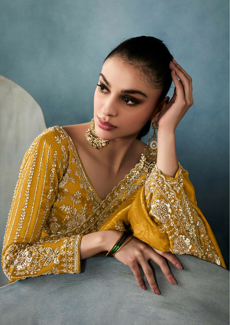 Monjolika Fashion Mustard Tissue Embroidered Sequins And Zari Work Saree - Distacart