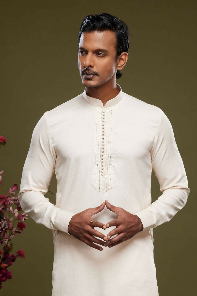 Raivat Ethnic Art Banarasi Silk Thread Work Kurta Pajama In Cream Colour