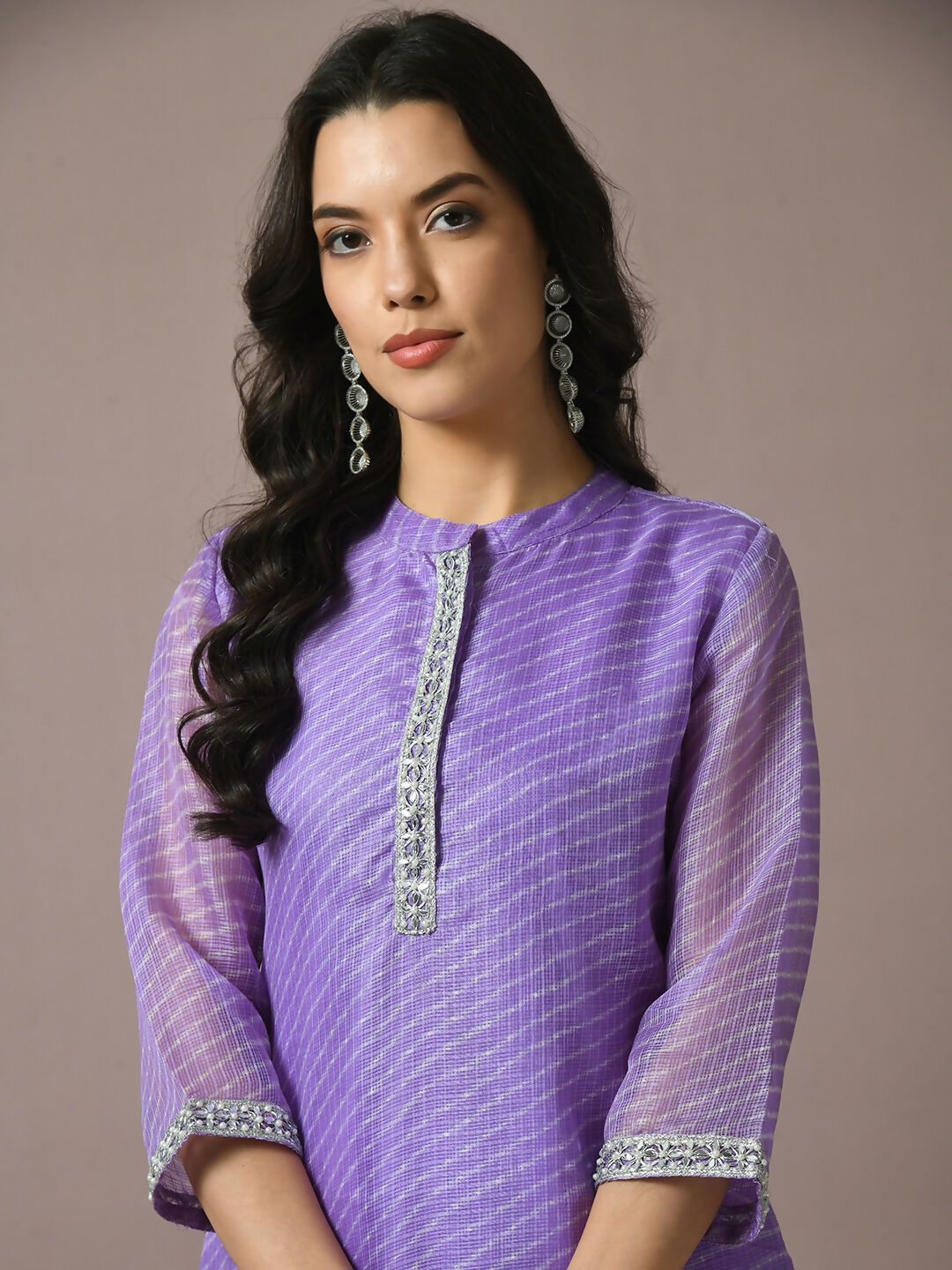 Myshka Women's Lavender Printed Kota Straight Party Kurta Set With Dupatta
