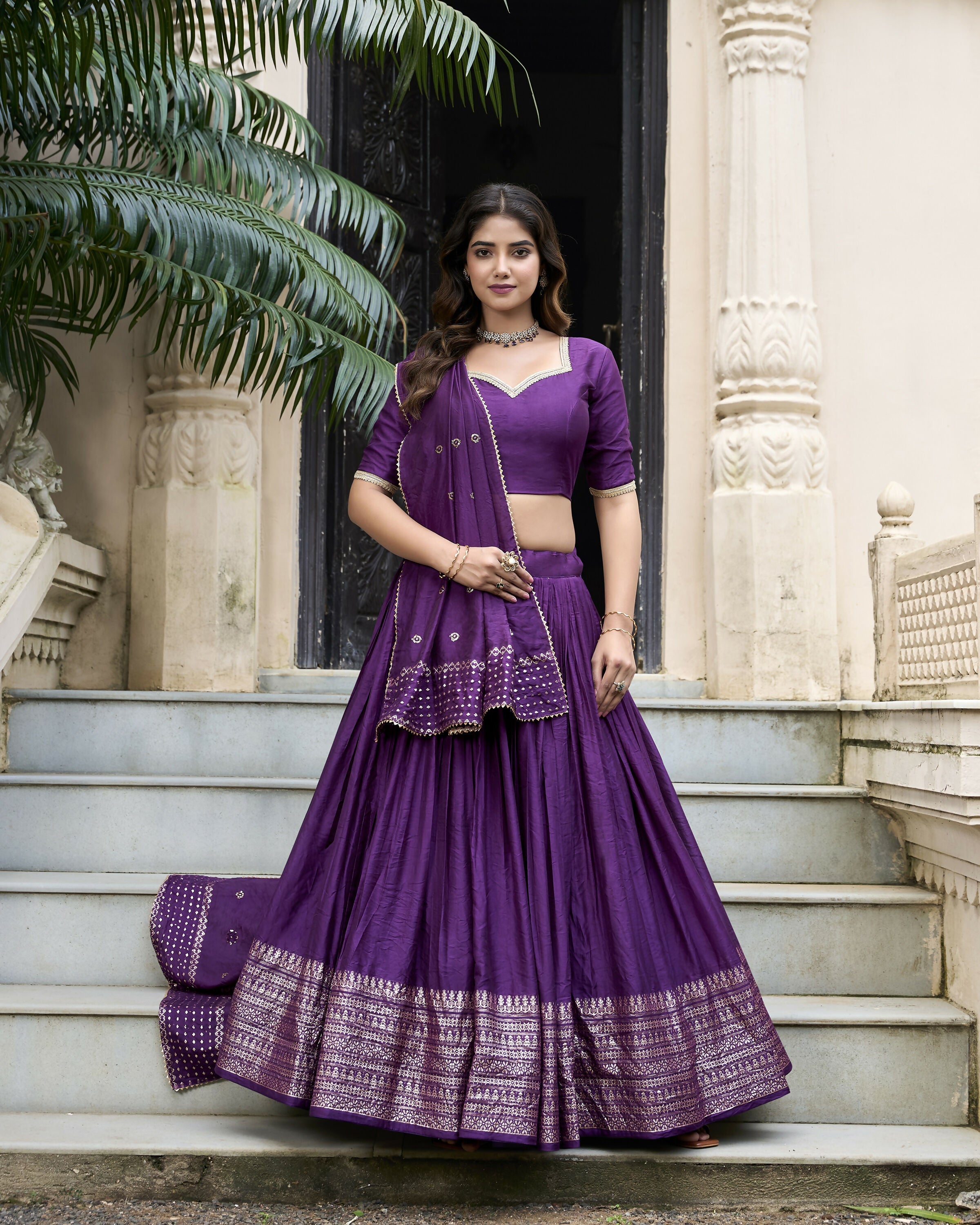Lorenvalley Purple Pure Chanderi Plain With Zari Weaving Work Border Lehenga Choli