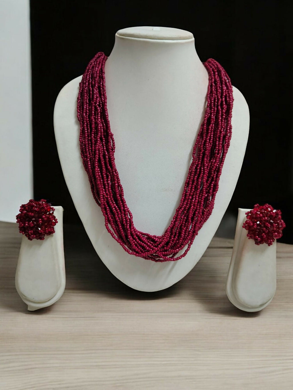 Inhanns Vibrant Handmade 20 Layers Beaded Necklace With Matching Earrings - Wine