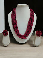Inhanns Vibrant Handmade 20 Layers Beaded Necklace With Matching Earrings - Wine