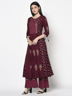 Aniyah Rayon Wine Color Block Print Anarkali Kurta (AN-172K)