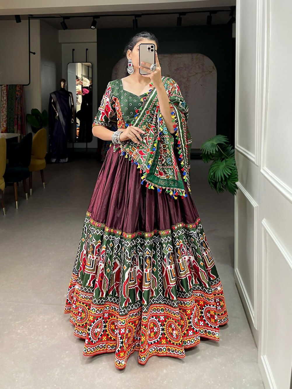 Vastranavya Traditional Patola Print With Gamthi & Mirror Work Lehenga Choli - Brown