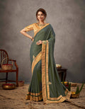 Moss Green Tusser Silk Resham, Cord And Sequins Embroidery, Handwork Butta Saree - Norita Arinya