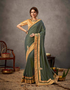 Moss Green Tusser Silk Resham, Cord And Sequins Embroidery, Handwork Butta Saree - Norita Arinya
