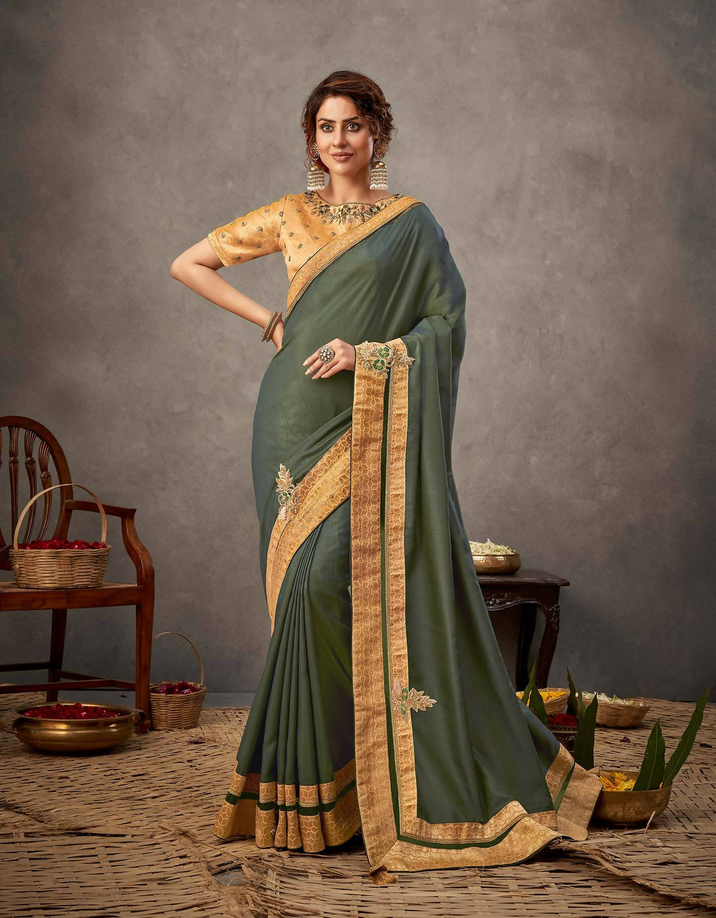 Moss Green Tusser Silk Resham, Cord And Sequins Embroidery, Handwork Butta Saree - Norita Arinya