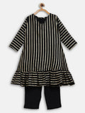 Ahalyaa Black Georgette Stripped Gold Printed Kids Kurta Pant Set For Girls