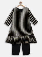 Ahalyaa Black Georgette Stripped Gold Printed Kids Kurta Pant Set For Girls