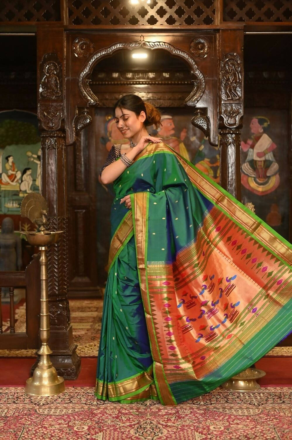 Very Much Indian Pure Silk Paithani - Dual Tone Blue Green - Distacart