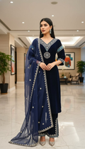 Joban Fashion Blue Velvet Embroidery Sequence Work Readymade Kurta Set - Distacart