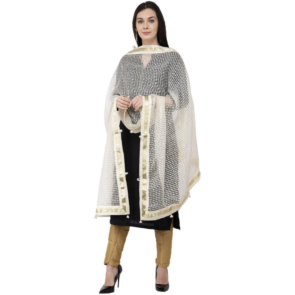 A R SILK Payal Pum Pum Fancy Dupatta Off White Color Dupatta or Chunni