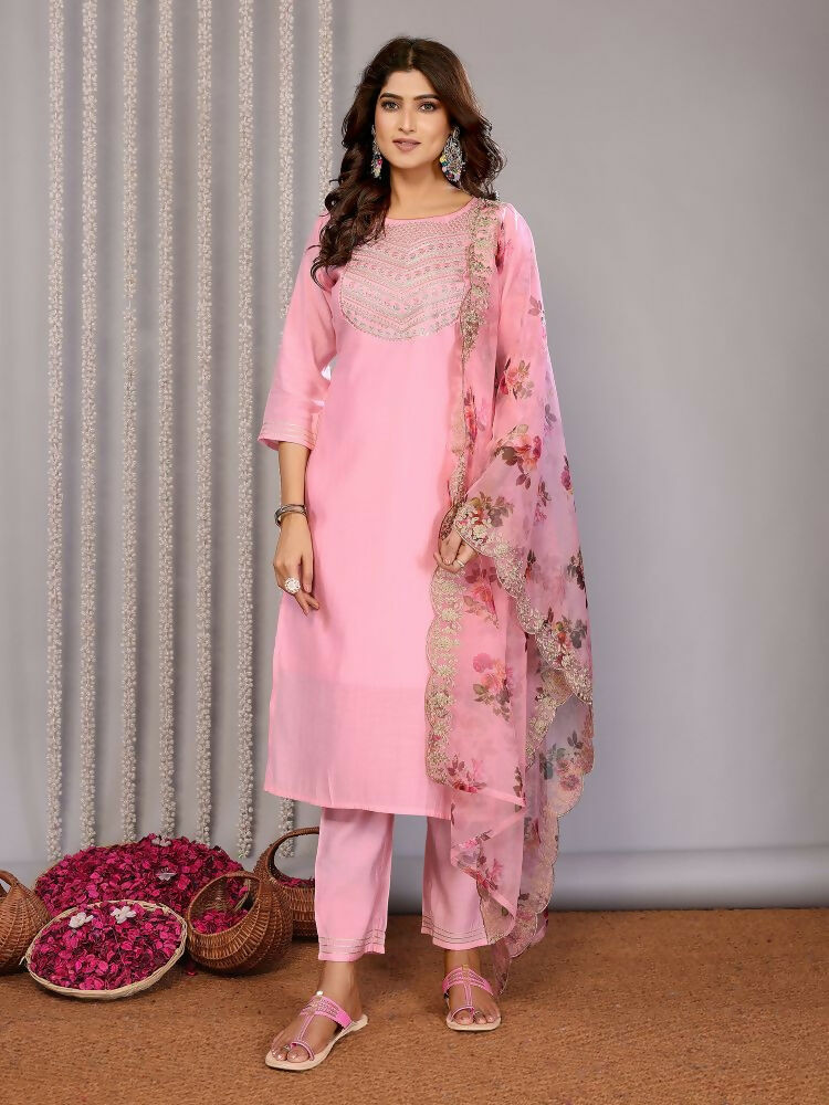 Joban Fashion Women Light Pink Roman Embroidery Stitched Kurta Set - Distacart