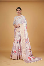 White Cotton Silk Digital Printed Saree With Unstitched Blouse Piece - Alisha