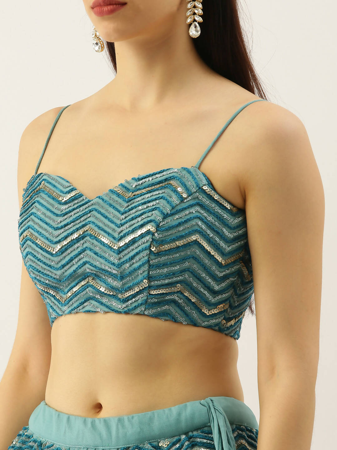 House of Panchhi Women Sea Green Net Zig-Zag Embroideried Lehenga, Blouse & Dupatta