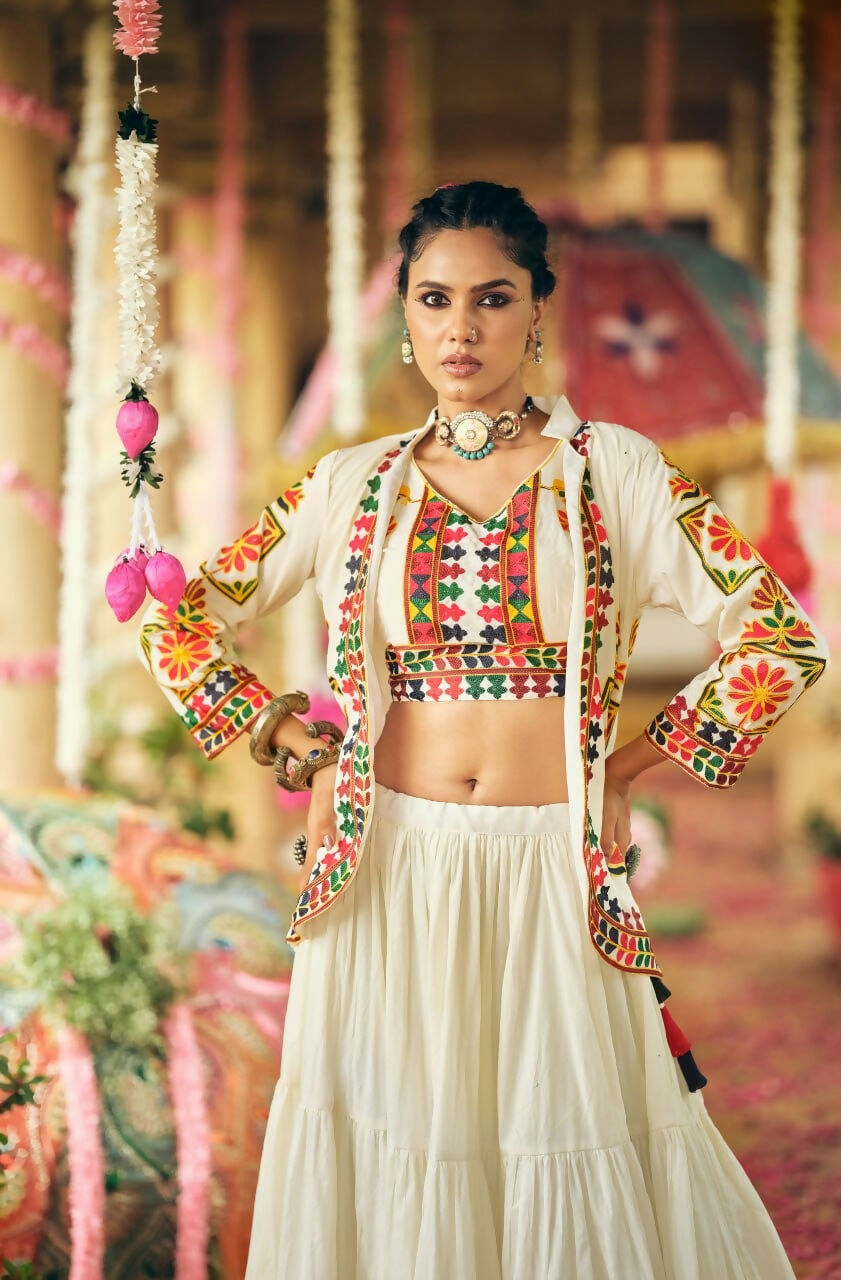 Teeya Creation Off White Colour Pure Cotton Embroidery Work Fully Stitched Navratry Lahenga