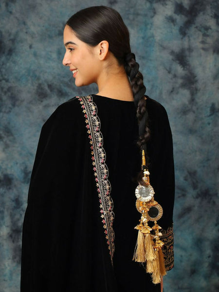 Ruby Raang Gold Gota Pati Work And Threads With Pearls And Black Thread And Mirrors
