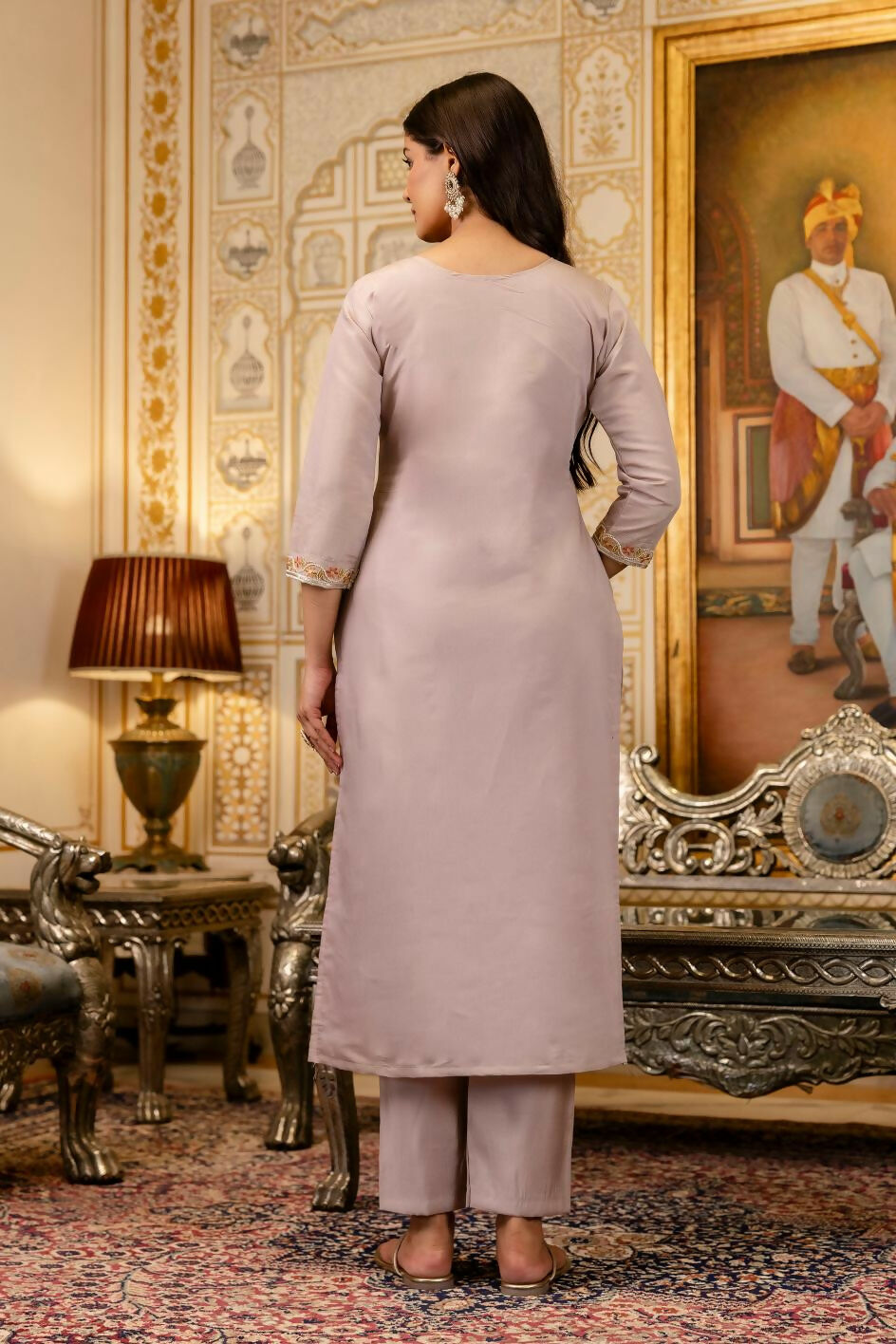 The52 Lavender Women's Beautiful Viscose Shimmer Fabric Embroidered Work Straight Kurta Pant and Dupatta Set - Distacart
