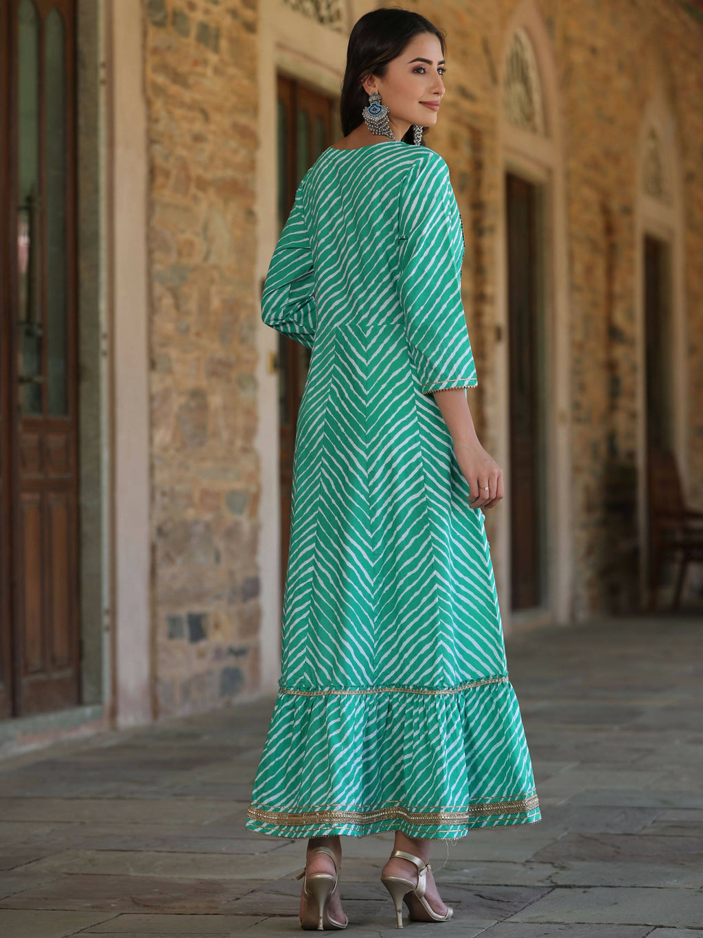 Juniper Women's Green Printed Embroidered Mirror Work Sequin Cotton Flared Dress - Distacart