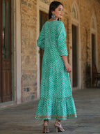 Juniper Women's Green Printed Embroidered Mirror Work Sequin Cotton Flared Dress - Distacart