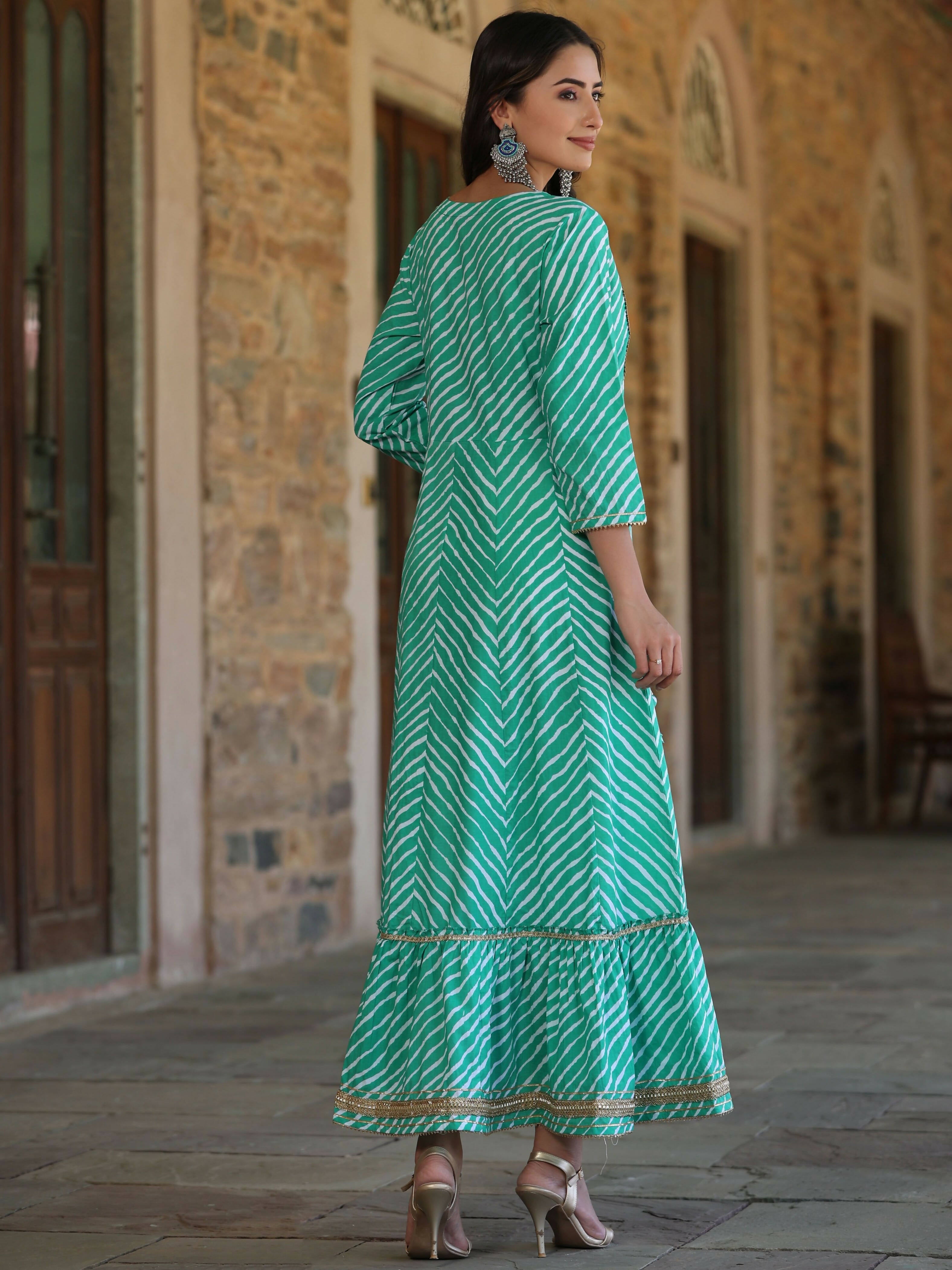 Juniper Women's Green Printed Embroidered Mirror Work Sequin Cotton Flared Dress - Distacart