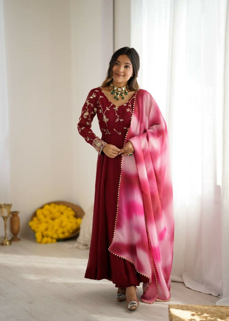 Teeya Creation Maroon Color Crunchy Silk Embroidery Work Gown - Distacart