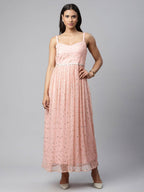 Ahalyaa Women Pink Net Gold Foil Print Dress - Distacart
